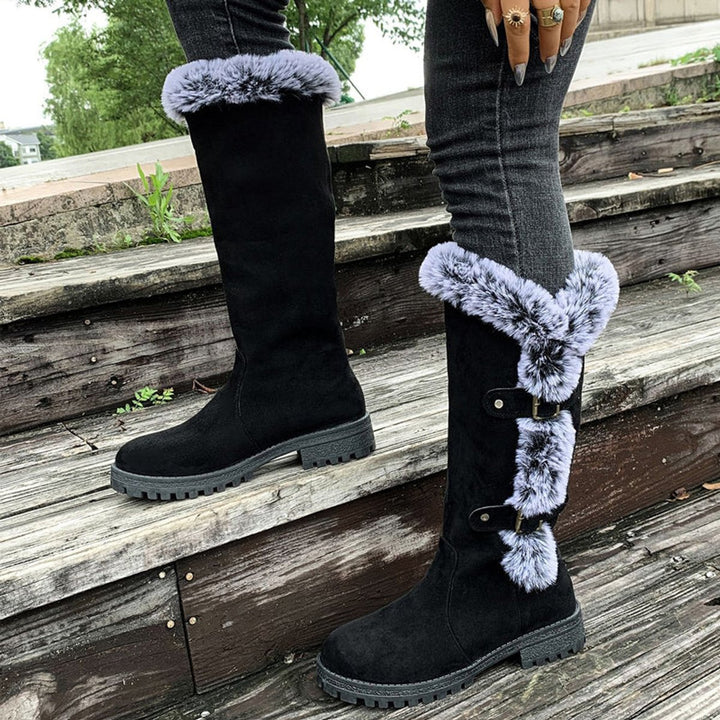 Women's Faux Suede Fur-Trimmed Buckle Knee High Boots