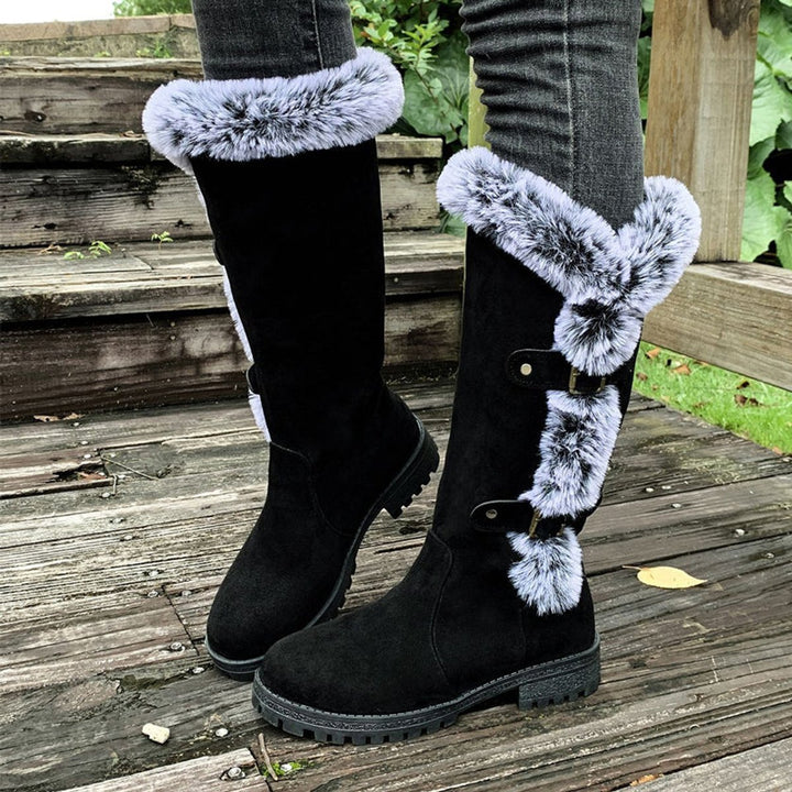 Women's Faux Suede Fur-Trimmed Buckle Knee High Boots - Black