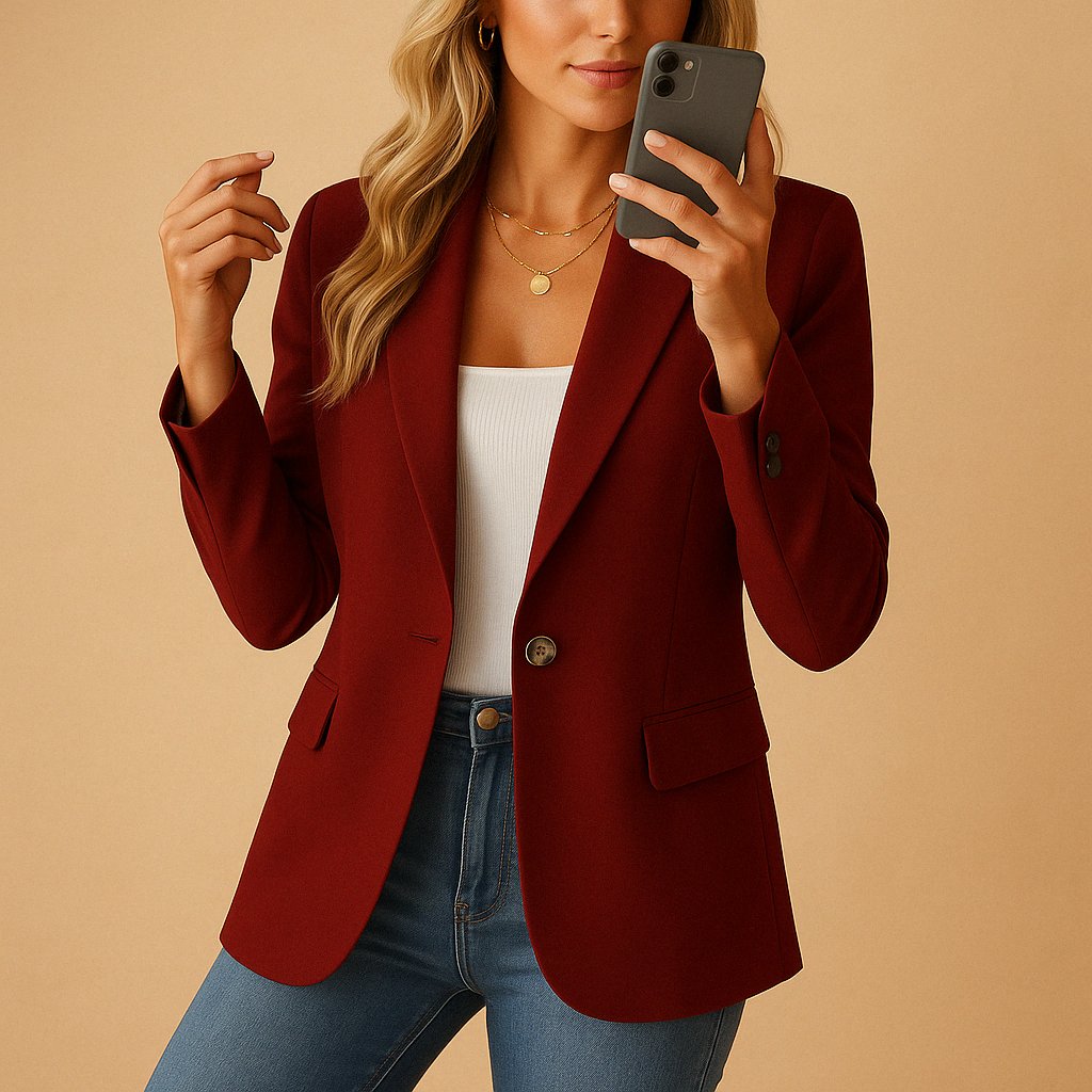 Women's Fitted Single-Button Stretch Blazer Notched Lapel - Wine Red