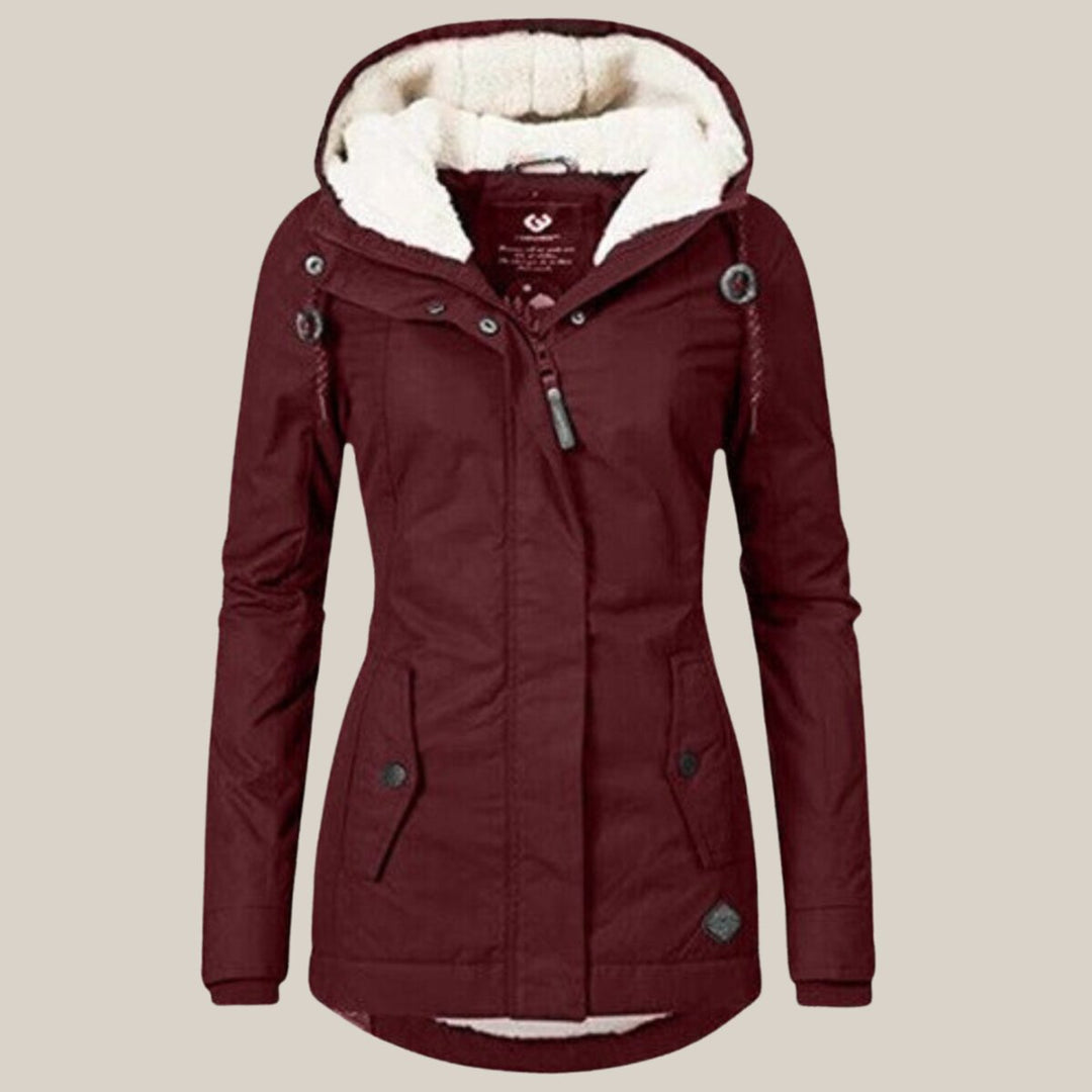 Women's Fleece-Lined Hooded Quilted Jacket Sherpa Winter Coat - Red