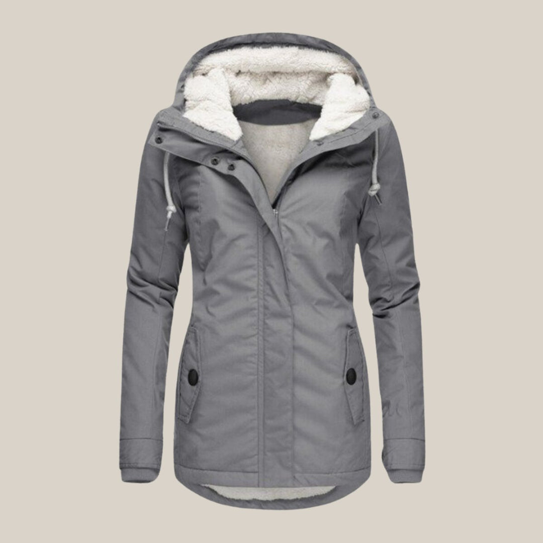 Women's Fleece-Lined Hooded Quilted Jacket Sherpa Winter Coat - Gray