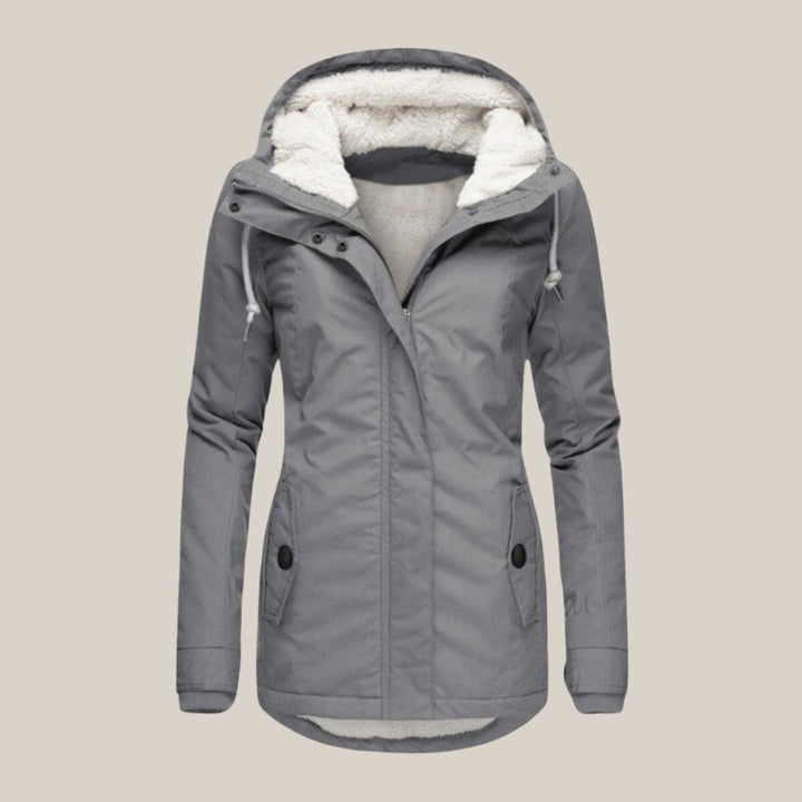 Women's Fleece-Lined Hooded Quilted Jacket Sherpa Winter Coat - Gray
