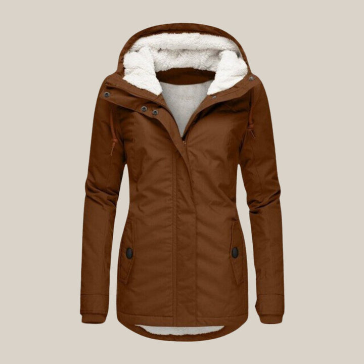 Women's Fleece-Lined Hooded Quilted Jacket Sherpa Winter Coat - Brown
