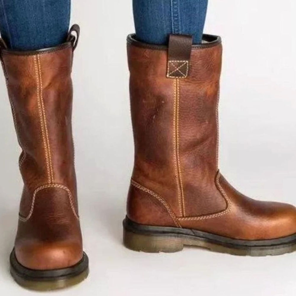 Women's Fleece-Lined Leather Winter Boots Ankle Mid-Calf - Brown