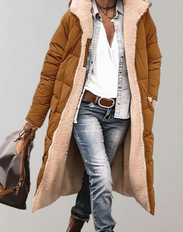 Women's Fleece-Lined Long Quilted Coat Hooded Puffer - Brown