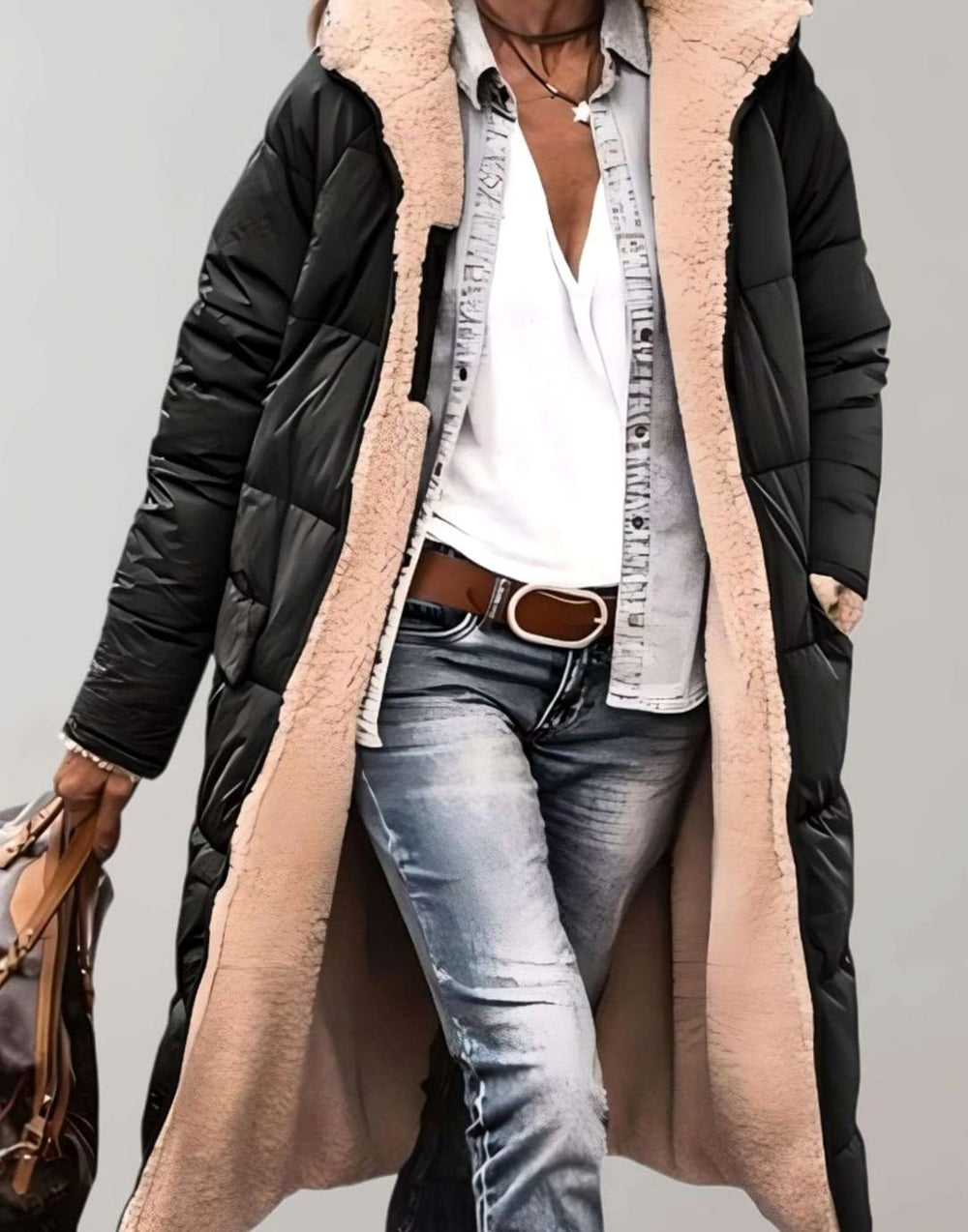 Women's Fleece-Lined Long Quilted Coat Hooded Puffer - Black
