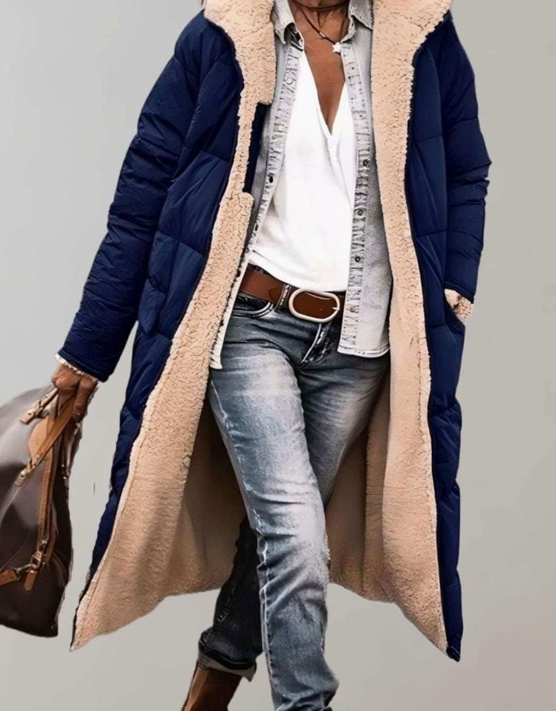 Women's Fleece-Lined Long Quilted Coat Hooded Puffer - Navy Blue