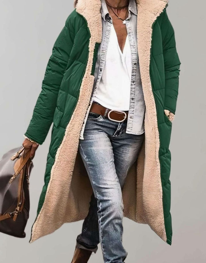 Women's Fleece-Lined Long Quilted Coat Hooded Puffer - Army Green