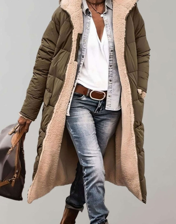 Women's Fleece-Lined Long Quilted Coat Hooded Puffer - Army
