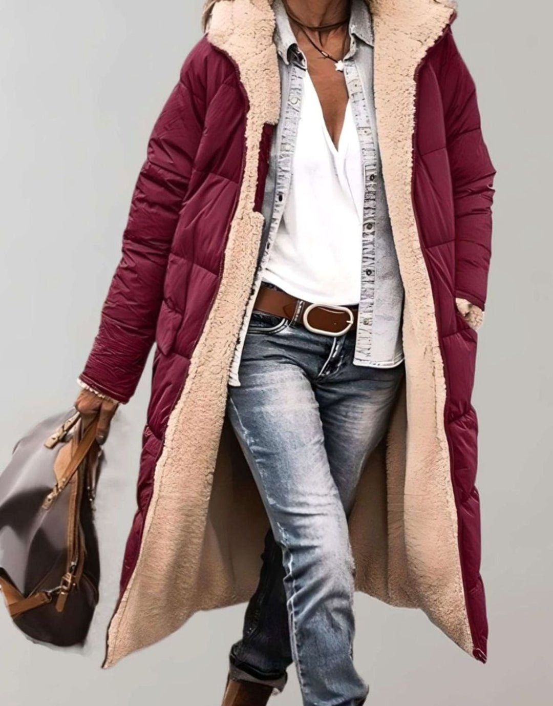 Women's Fleece-Lined Long Quilted Coat Hooded Puffer - Red