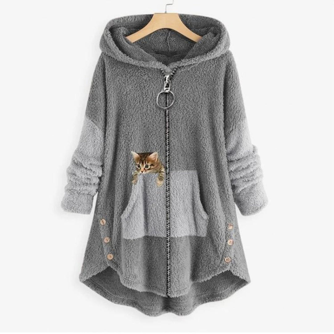 Women's Fleece Zip-Up Hooded Sweater Plush Cat Pocket Coat - Gray