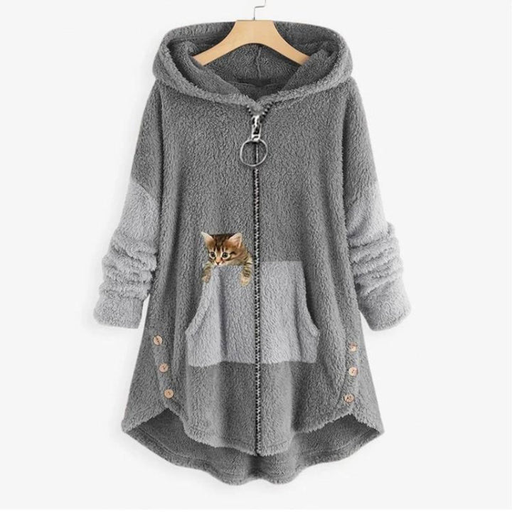 Women's Fleece Zip-Up Hooded Sweater Plush Cat Pocket Coat - Gray