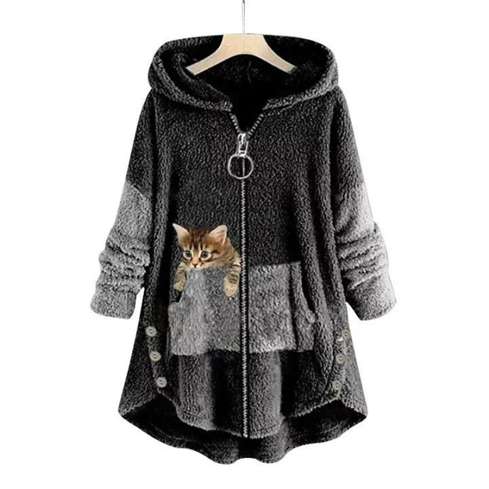 Women's Fleece Zip-Up Hooded Sweater Plush Cat Pocket Coat - Dark Gray