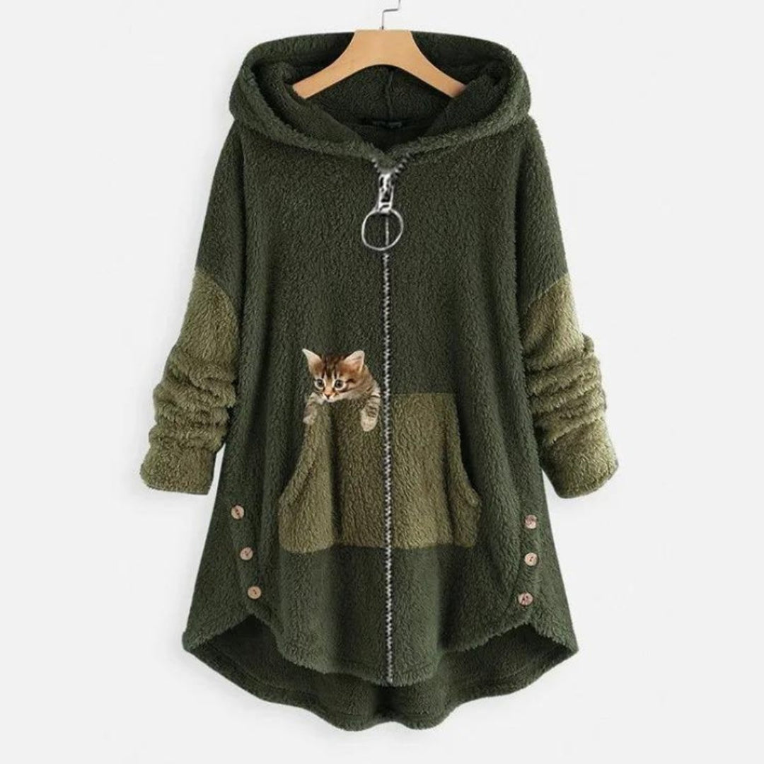 Women's Fleece Zip-Up Hooded Sweater Plush Cat Pocket Coat - Green