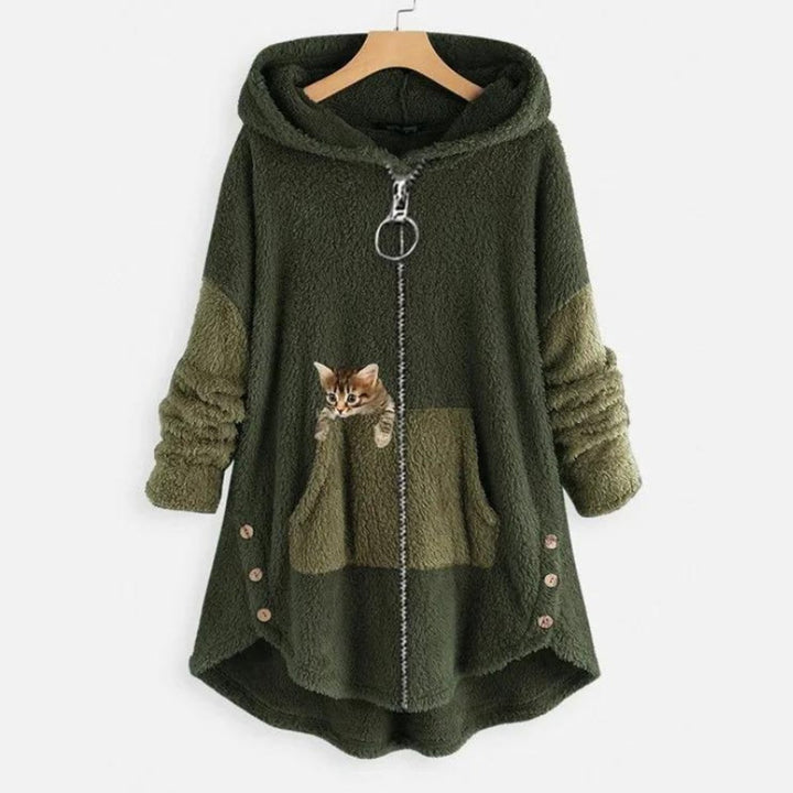 Women's Fleece Zip-Up Hooded Sweater Plush Cat Pocket Coat - Green