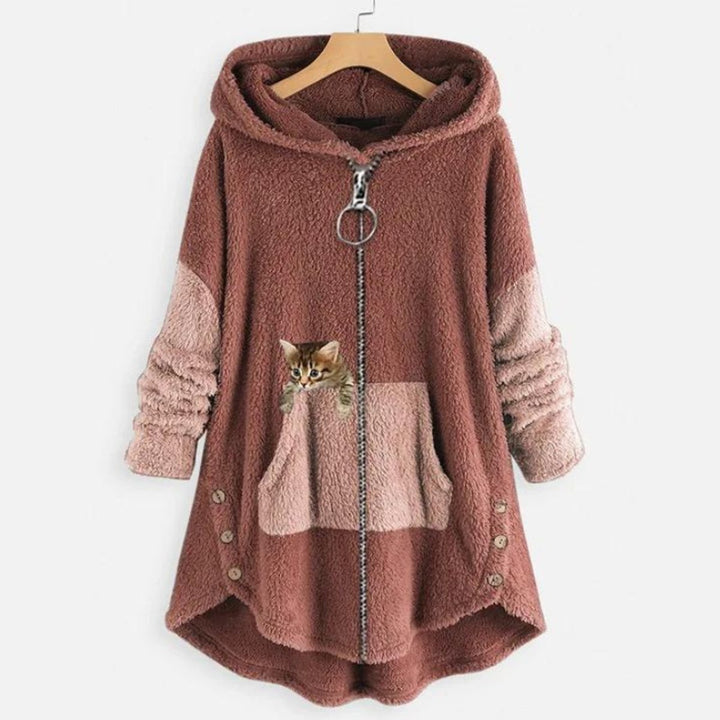 Women's Fleece Zip-Up Hooded Sweater Plush Cat Pocket Coat - Pink