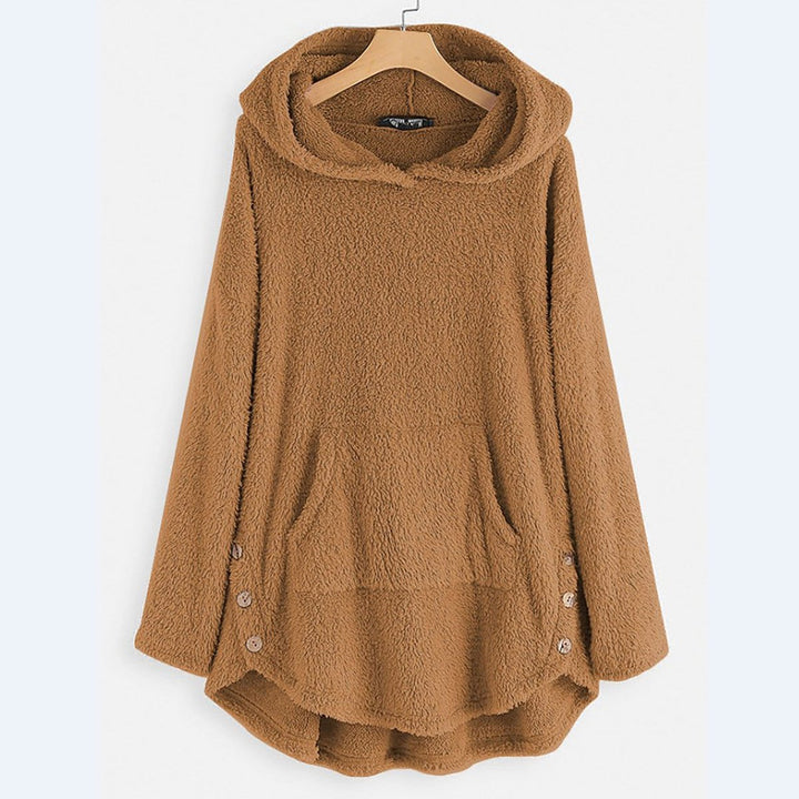 Women's Fleece Zip-Up Hooded Sweater Plush Cat Pocket Coat - Beige