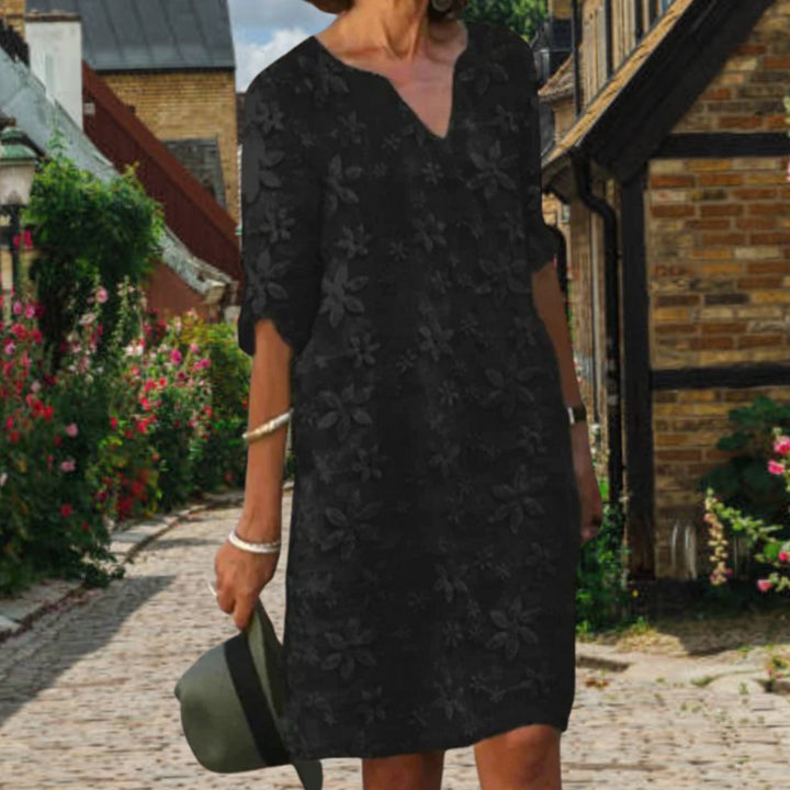 Women's Floral Applique V-Neck Short Sleeve Casual Midi Dress - Black