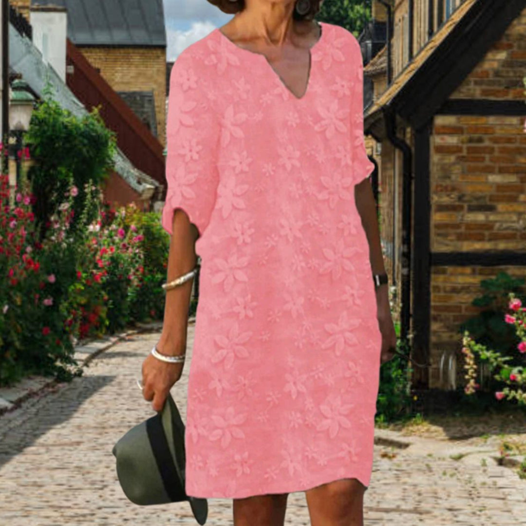 Women's Floral Applique V-Neck Short Sleeve Casual Midi Dress - Pink