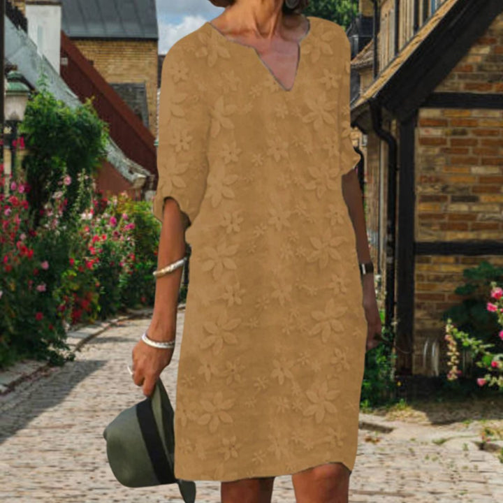 Women's Floral Applique V-Neck Short Sleeve Casual Midi Dress - Khaki