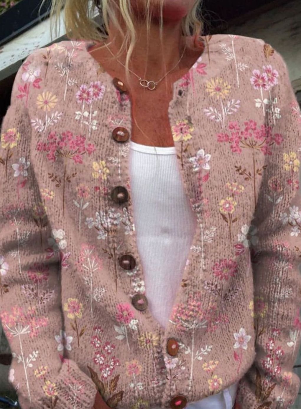 Women's Floral Button-Up Long Sleeve Cardigan - Pink