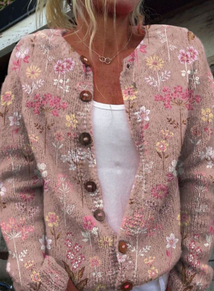Women's Floral Button-Up Long Sleeve Cardigan - Pink