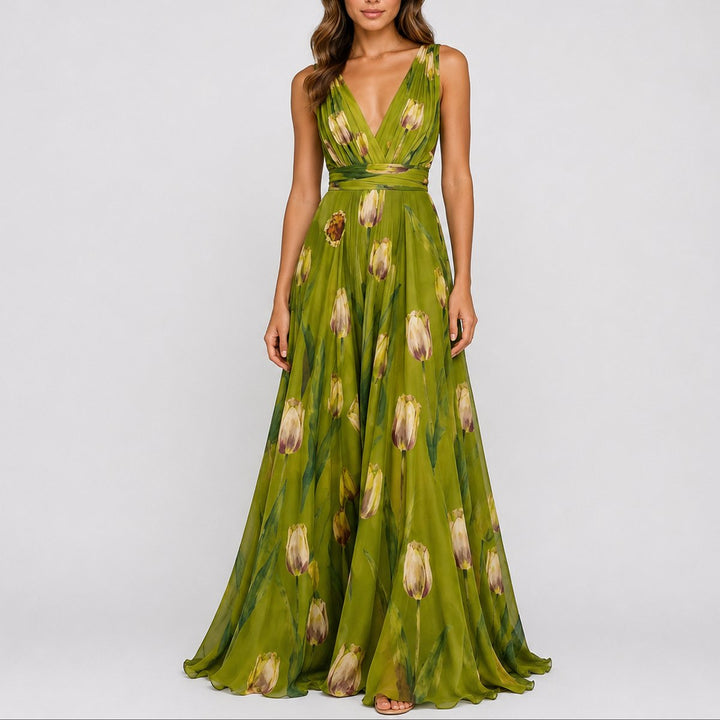 Women's Floral Chiffon Deep V-Neck Fall Wedding Guest Maxi Dress - Green