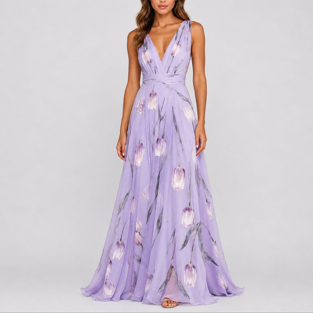 Women's Floral Chiffon Deep V-Neck Fall Wedding Guest Maxi Dress - Purple