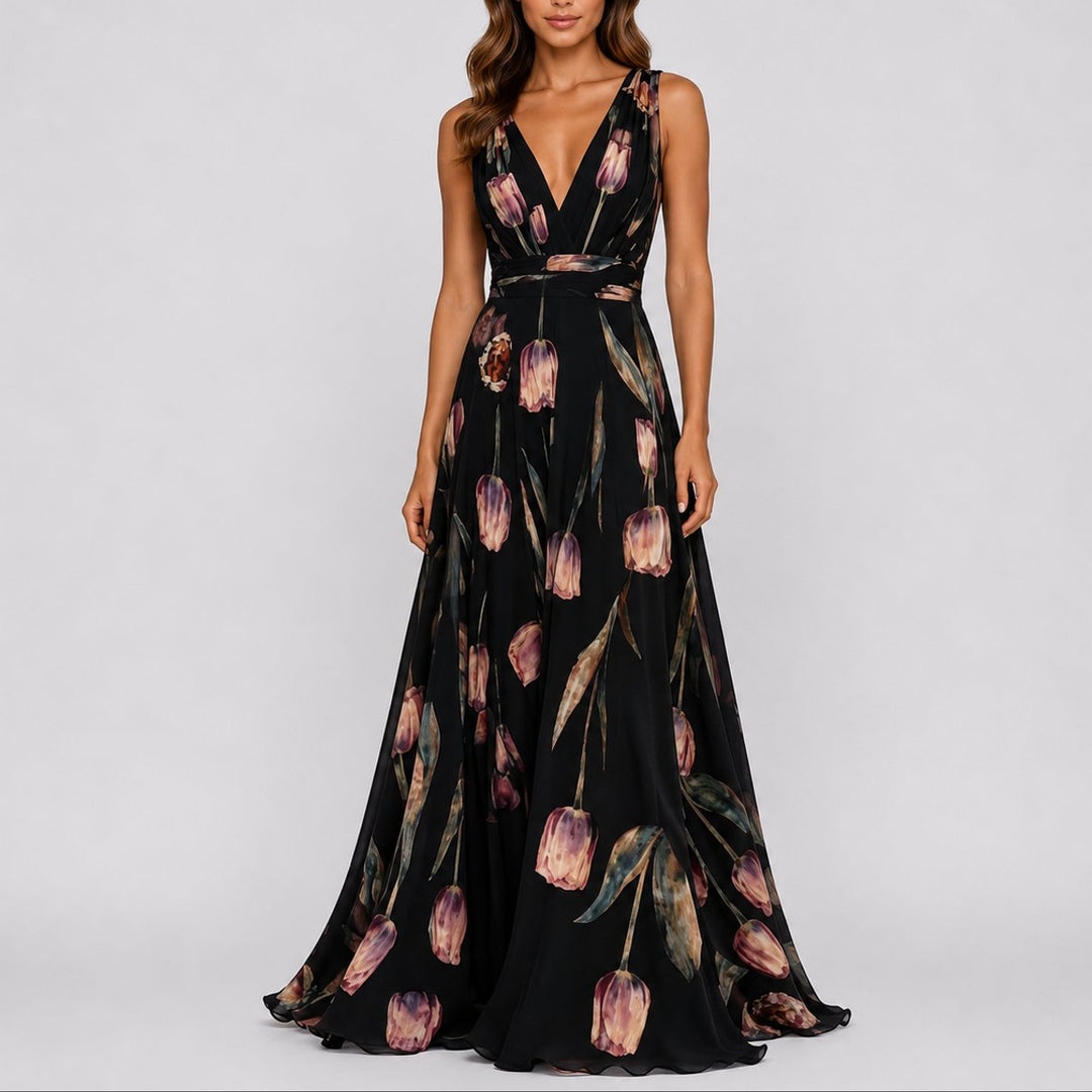 Women's Floral Chiffon Deep V-Neck Fall Wedding Guest Maxi Dress - Black