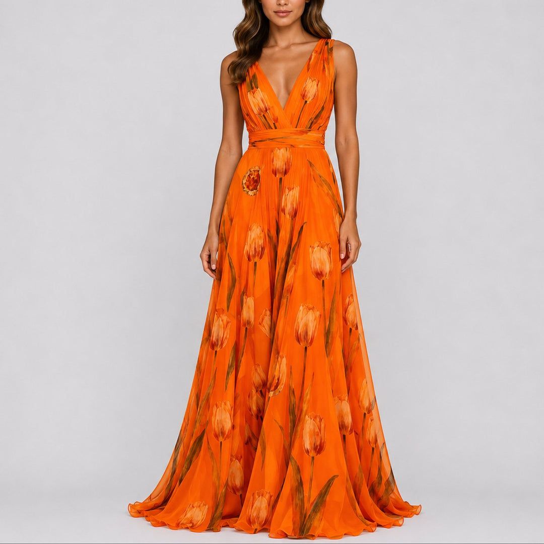 Women's Floral Chiffon Deep V-Neck Fall Wedding Guest Maxi Dress - Orange