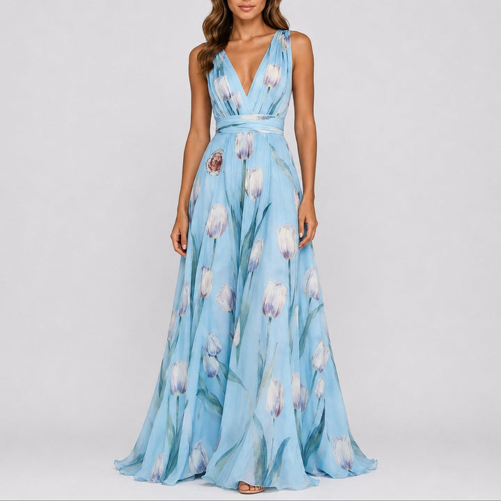 Women's Floral Chiffon Deep V-Neck Fall Wedding Guest Maxi Dress - Baby Blue