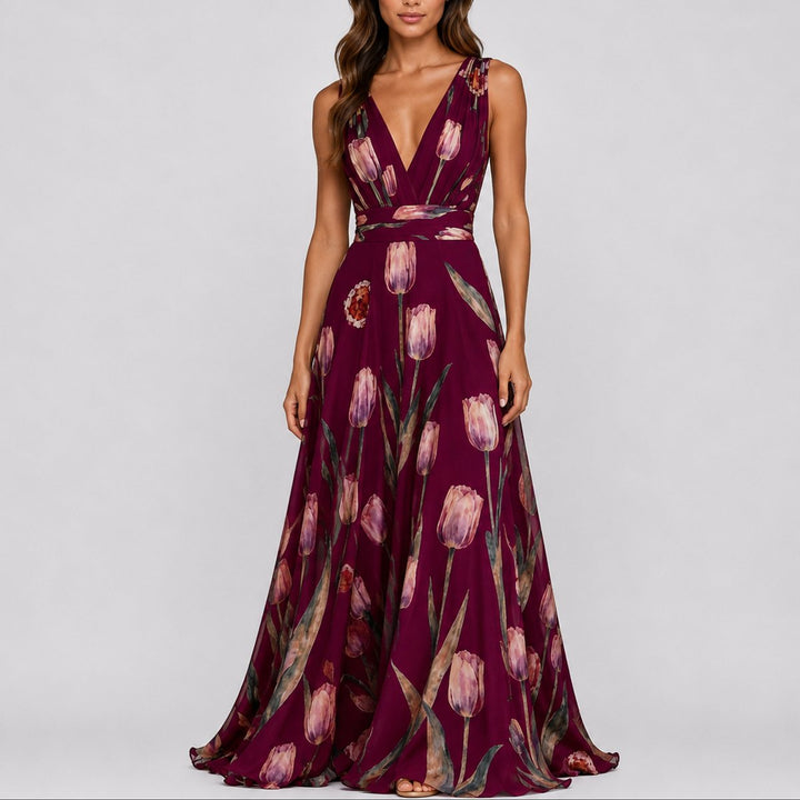 Women's Floral Chiffon Deep V-Neck Fall Wedding Guest Maxi Dress - Red