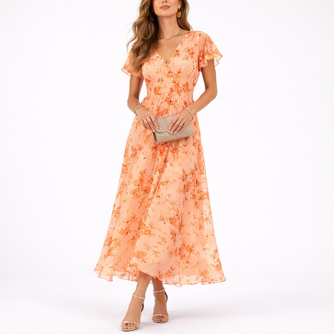 Women's Floral Chiffon V-Neck Fall Wedding Guest Maxi Dress - Orange