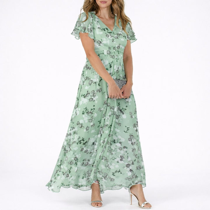 Women's Floral Chiffon V-Neck Fall Wedding Guest Maxi Dress - Green