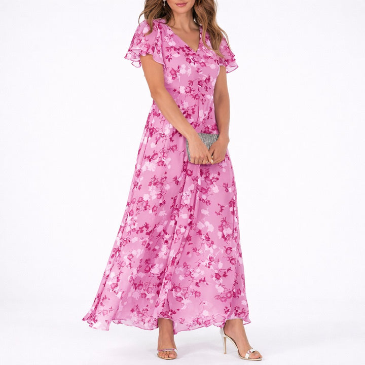 Women's Floral Chiffon V-Neck Fall Wedding Guest Maxi Dress - Pink