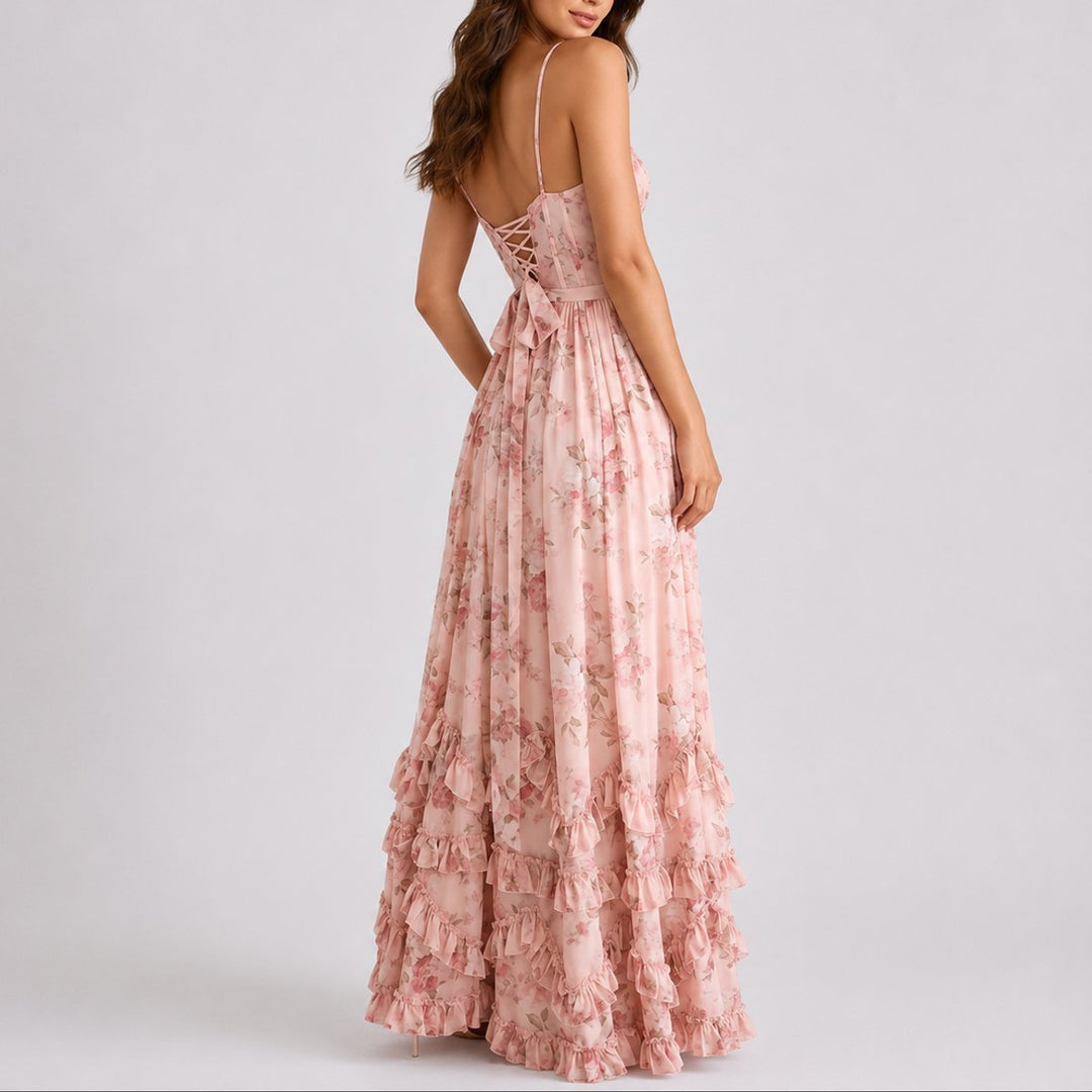 Women's Floral Corset Maxi Fall Wedding Guest Dress Ruffled