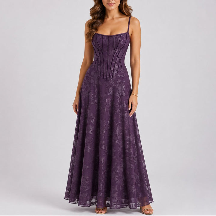 Women's Floral Corset Maxi Fall Wedding Guest Dresses A-Line - Purple