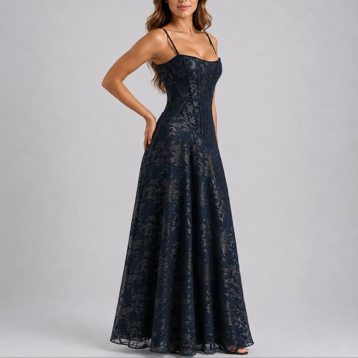 Women's Floral Corset Maxi Fall Wedding Guest Dresses A-Line - Navy