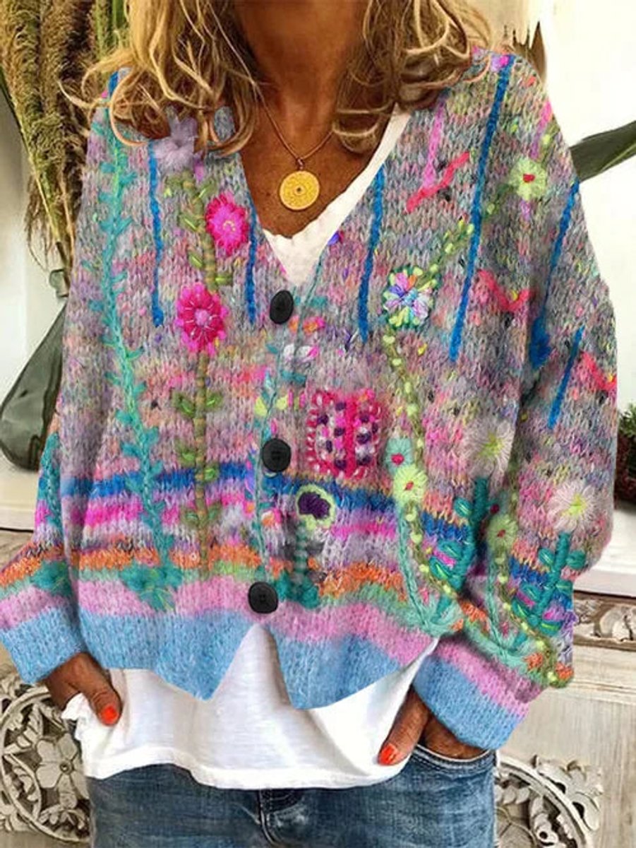 Women's Floral Embroidered Button-Front Knit Cardigan - Gray