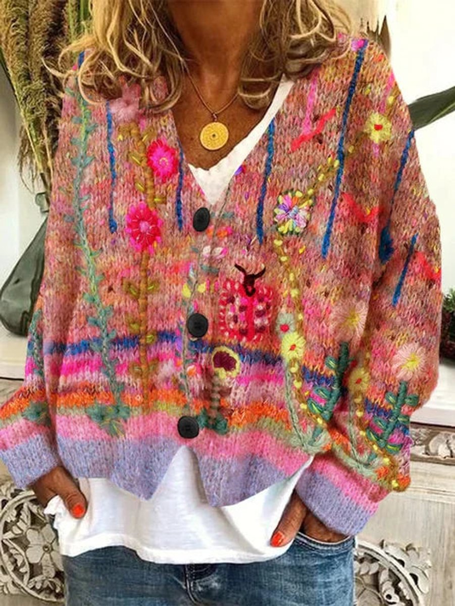Women's Floral Embroidered Button-Front Knit Cardigan - Orange