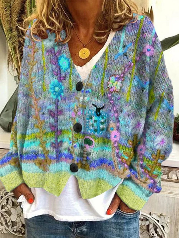 Women's Floral Embroidered Button-Front Knit Cardigan - Blue