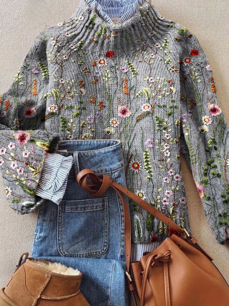 Women's Floral Embroidered Knit Turtleneck Sweater - Multicolor