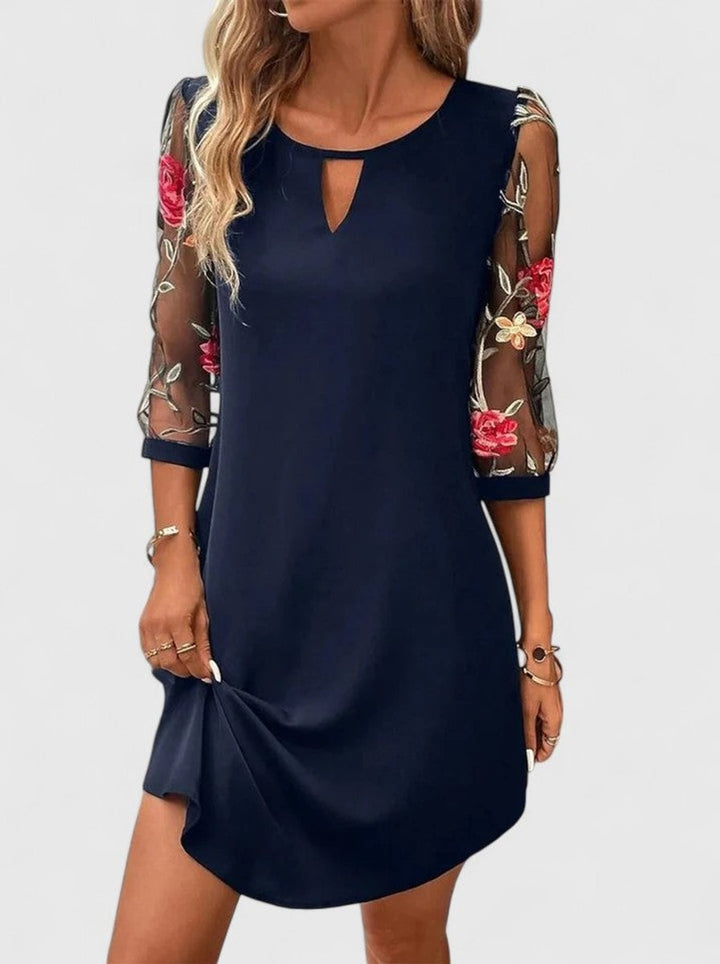 Women's Floral Embroidered Mesh-Sleeve Mini Shift Dress - Navy Blue