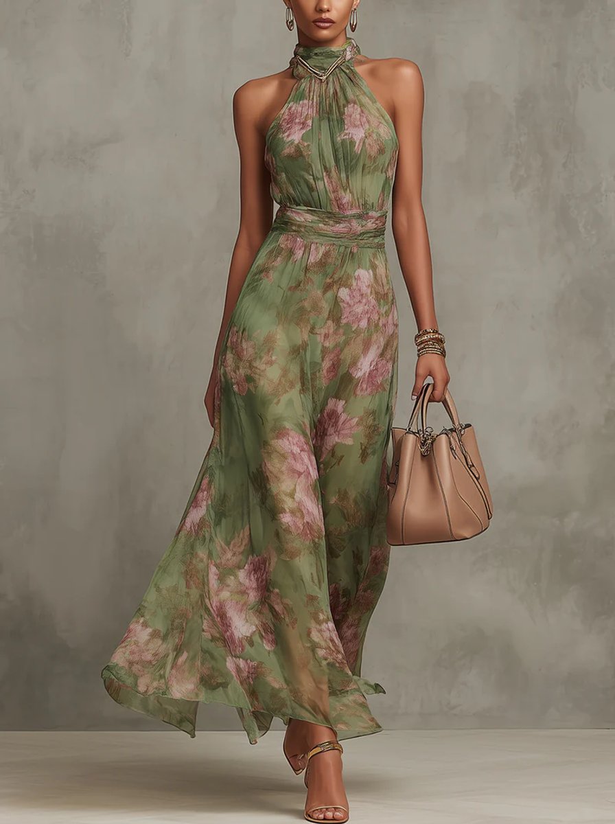 Women's Floral Halter-Neck Chiffon Midi Dress - Green Floral Print