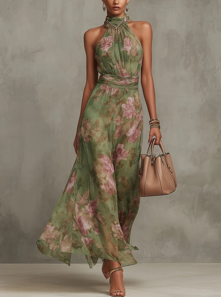 Women's Floral Halter-Neck Chiffon Midi Dress - Green Floral Print