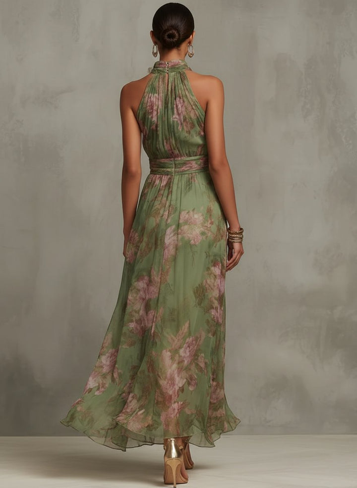 Women's Floral Halter-Neck Chiffon Midi Dress