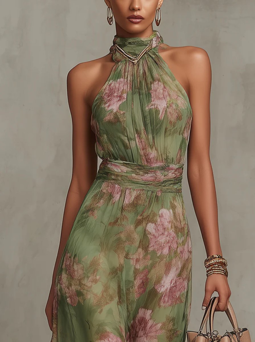 Women's Floral Halter-Neck Chiffon Midi Dress
