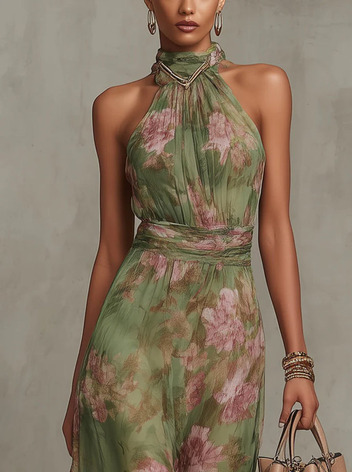 Women's Floral Halter-Neck Chiffon Midi Dress