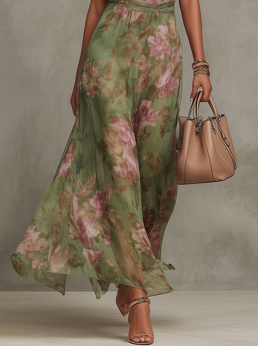 Women's Floral Halter-Neck Chiffon Midi Dress