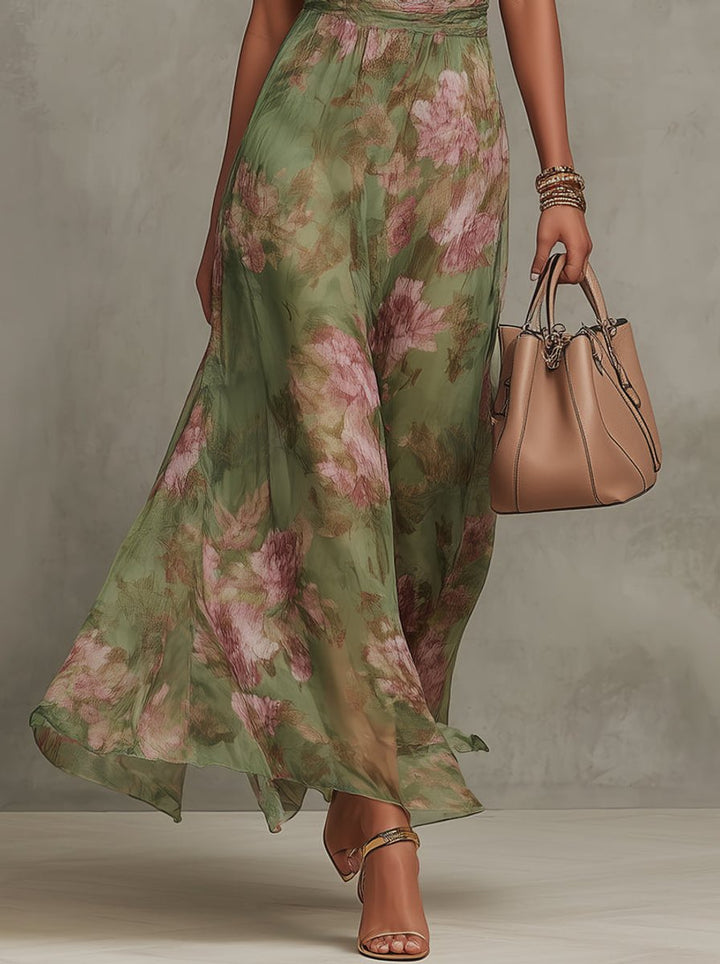 Women's Floral Halter-Neck Chiffon Midi Dress